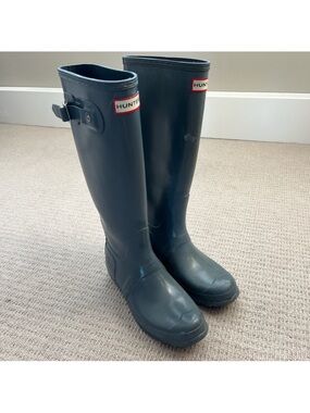 Hunter Black Tall Rubber Rain Boots with Side Buckle